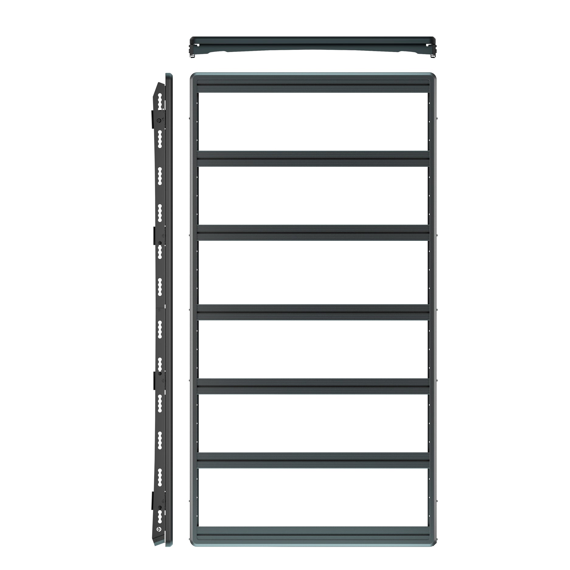 Zerlegte Airholder‑Plattform, Draufsicht: rechteckiger Rahmen mit sechs Querstreben und lose Seitenteile.