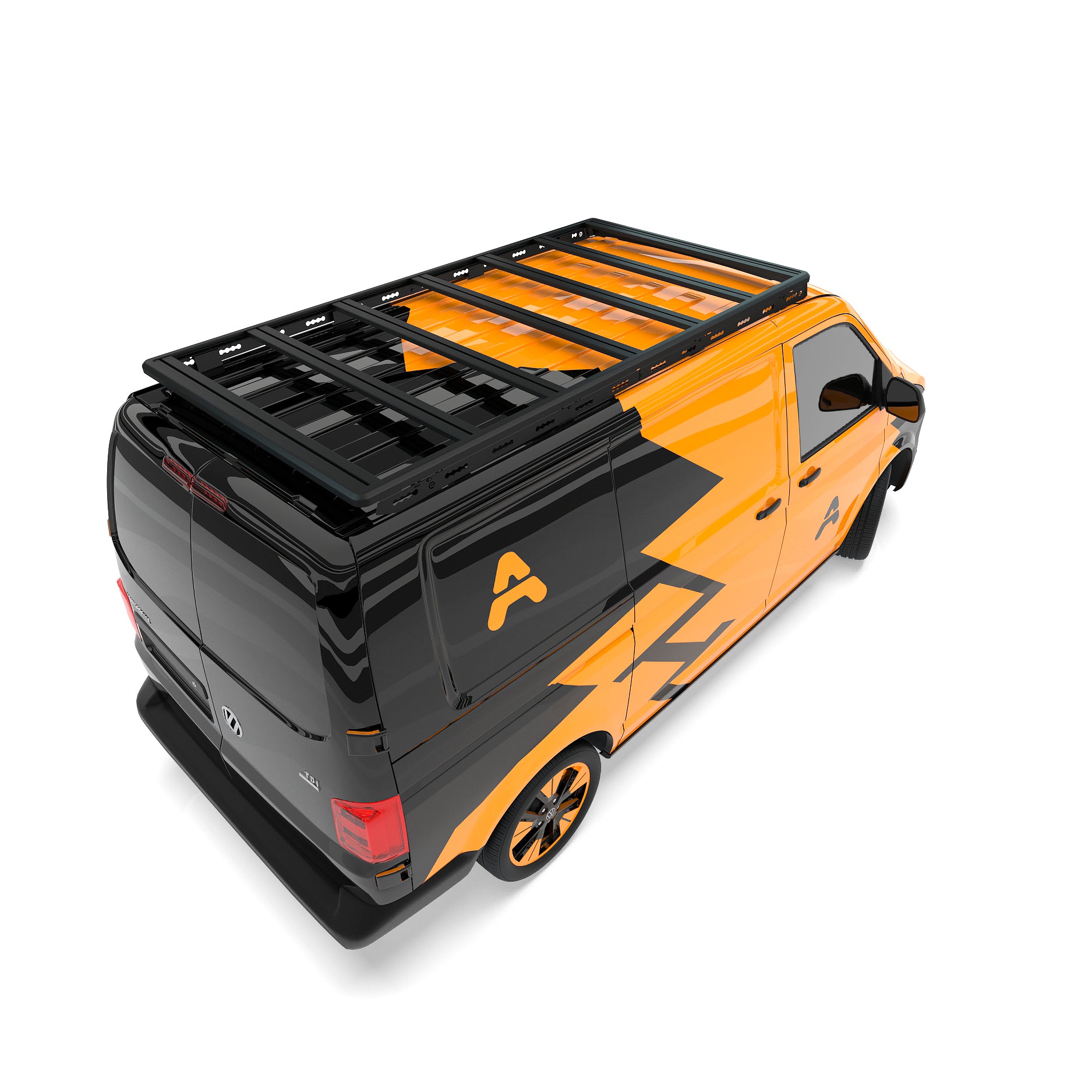 Orange‑schwarzer Transporter mit montierter Airholder‑Plattform, Draufsicht von hinten.