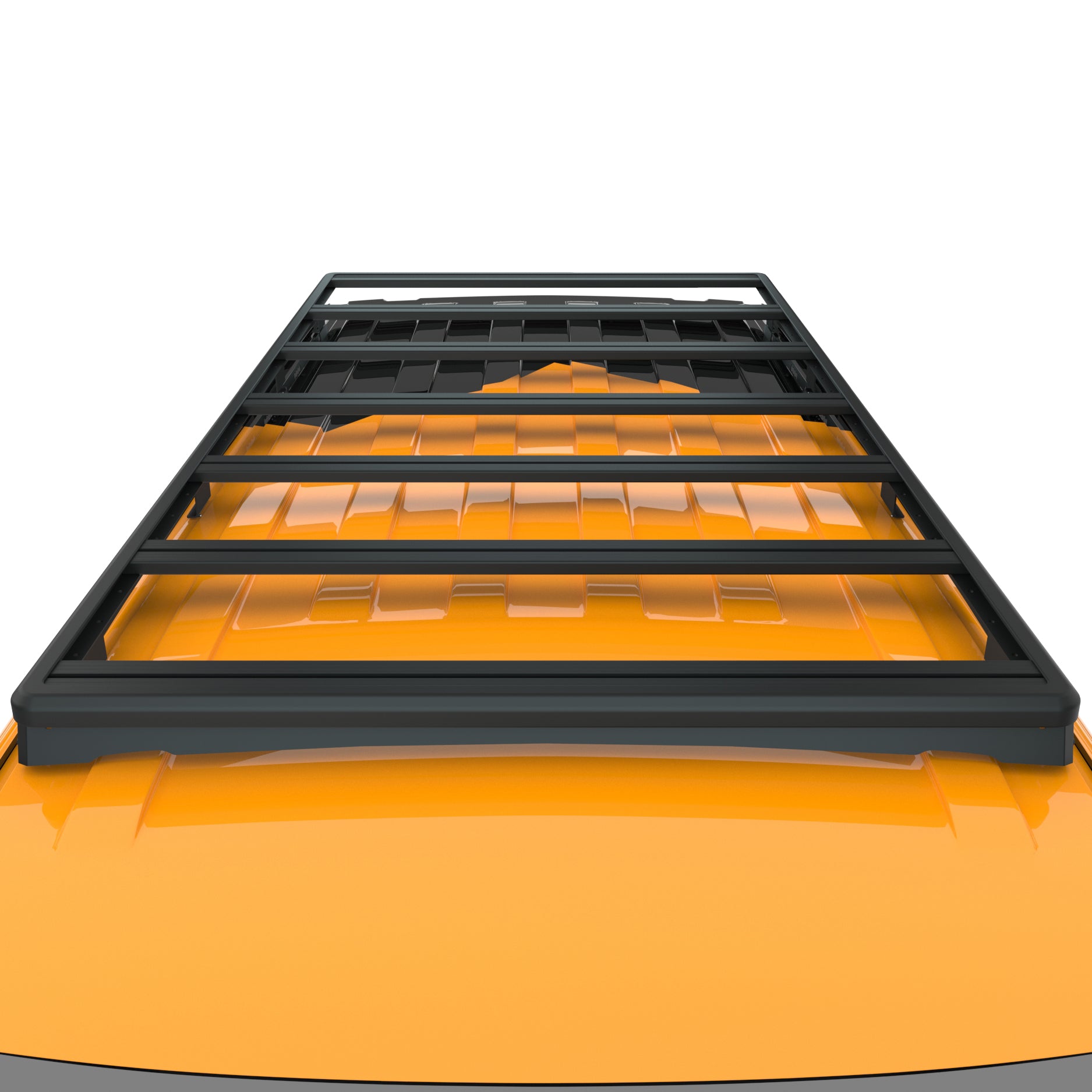 Aufnahme entlang des Dachs von hinten nach vorn, flaches Profil und parallele Querstreben.