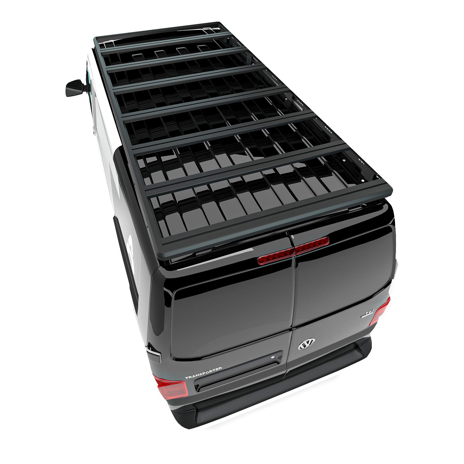 Das Bild zeigt einen VW Transporter (Kastenwagen) in einer Studioansicht aus der Draufsicht von hinten, wodurch die komplette Fläche der Airholder Dachplattform gut erkennbar ist. Die Dachplattform ist als vollflächiger Dachträger mit mehreren Querstreben aufgebaut und bietet eine stabile Basis für Transport- und Campingzubehör wie Boxen, Halterungen oder Solarpanels.