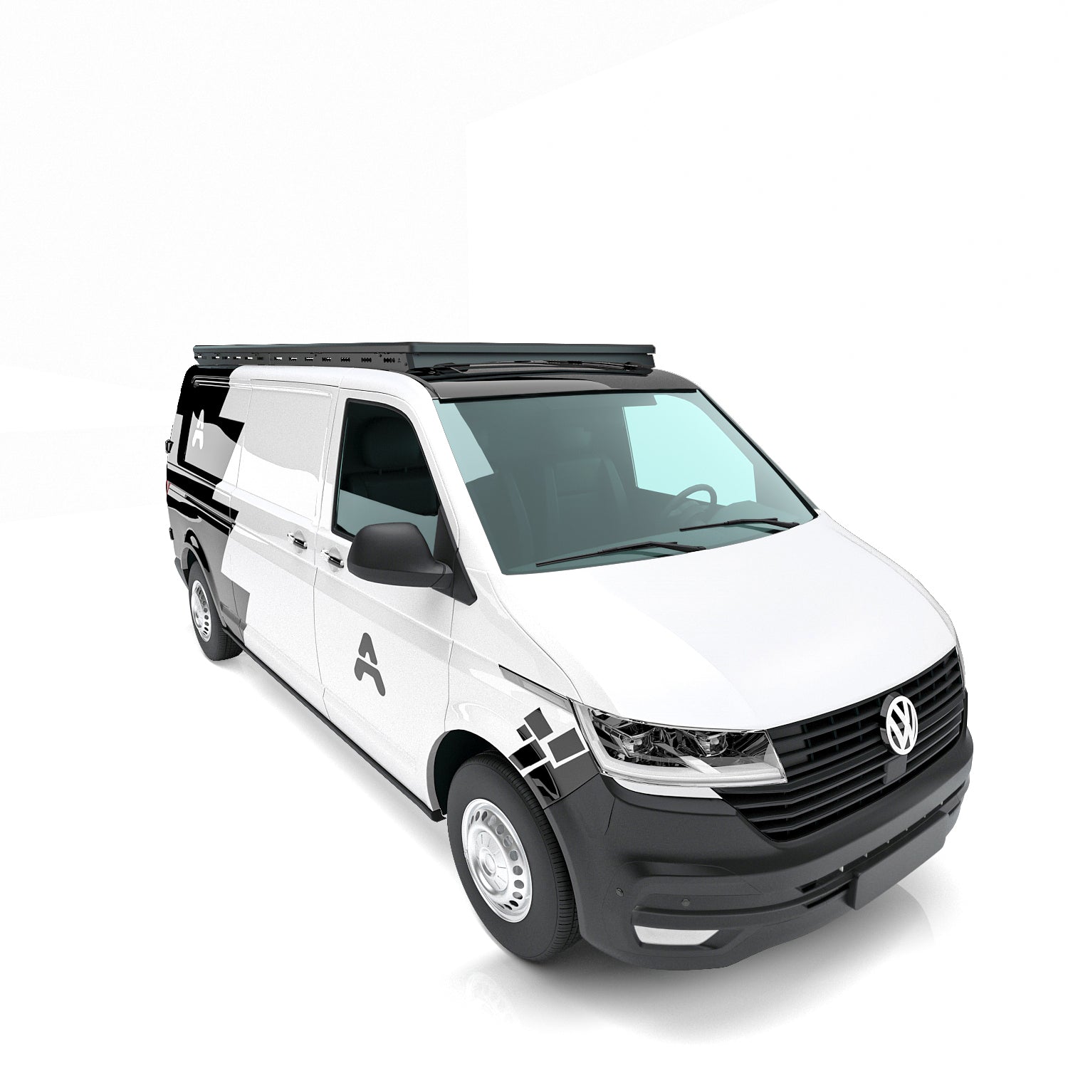 VW T5/T6 (Transporter/Multivan) in Studioansicht, Blickwinkel vorne links, leicht erhöht. Der Airholder Dachträger liegt flach an und bietet eine stabile Montagefläche für Markisen, Transportboxen und Camping-Zubehör.