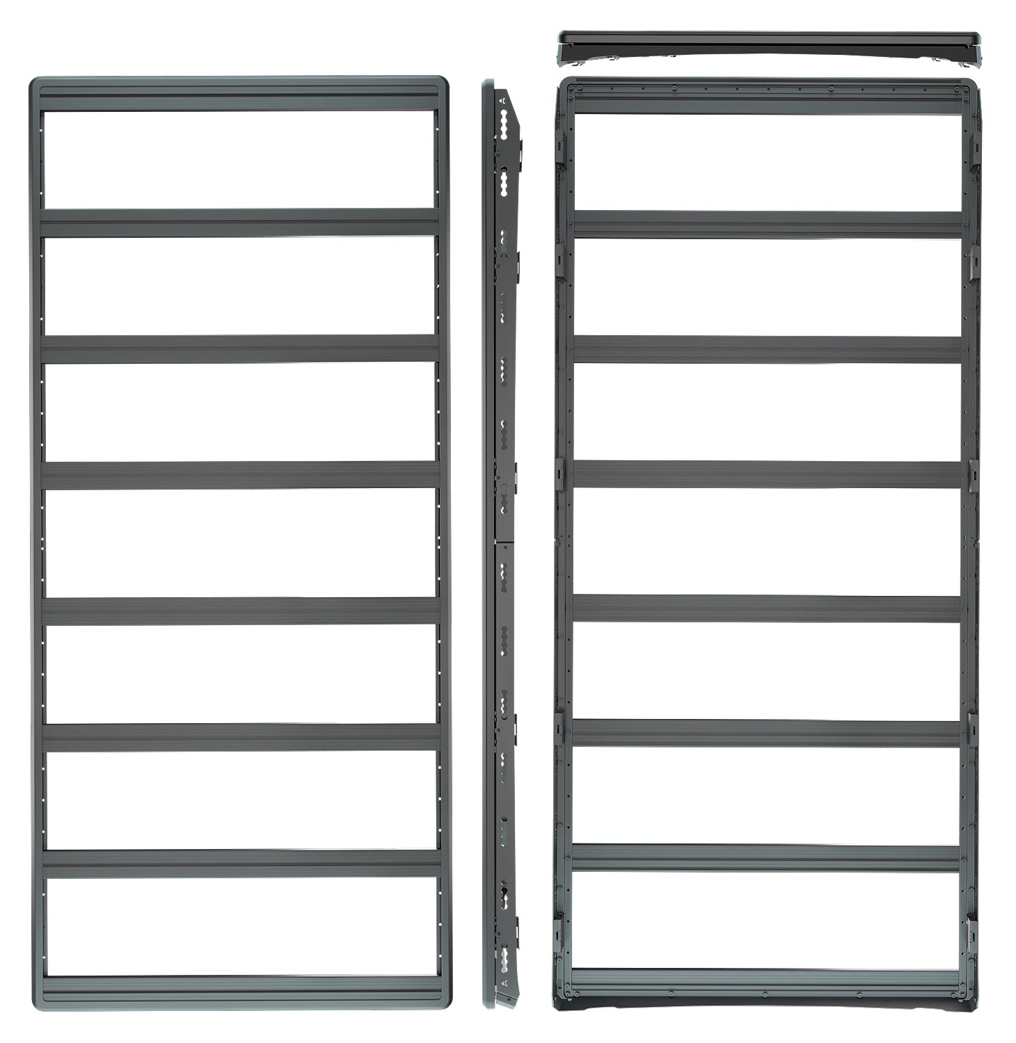 Technische Produktansicht (von oben): Airholder Dachplattform mit offenen Feldern und gleichmäßig verteilten Querträgern, plus Seitenprofil zur Material- und Höhenansicht.