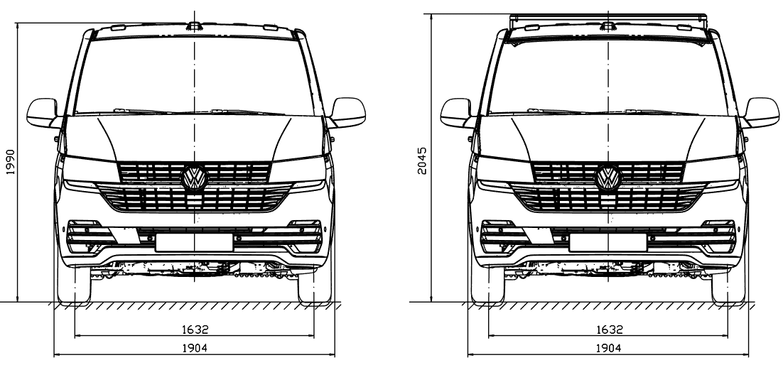 Technische Frontansicht eines Volkswagen T6 im Vergleich mit und ohne Dachträger. Links ohne Dachträger mit 1990 mm Fahrzeughöhe, rechts mit montiertem Dachträger und 2045 mm Gesamthöhe. Der Dachträger erhöht die Fahrzeughöhe um 55 mm, die Breite bleibt unverändert. Technical front view of a Volkswagen T6 comparing the vehicle with and without a roof rack. On the left, the vehicle height is 1990 mm without the roof rack. On the right, the total height is 2045 mm with the roof rack installed. The roof rack i