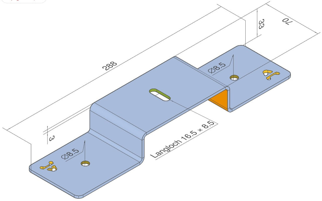 Dachzelt Befestigungsklammer Edelstahl – technische Zeichnung, 288 mm, Langloch 16,5×8,5, Materialstärke 3 mm
