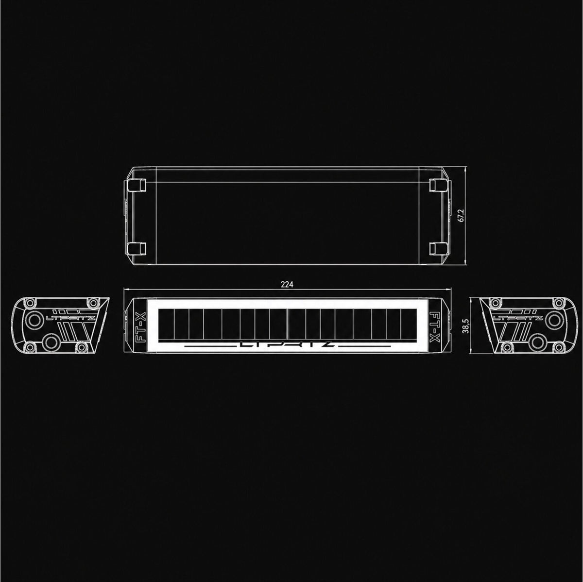 Maßzeichnung LTPRTZ Flat-X 9 Zoll Lightbar, 224 mm Länge