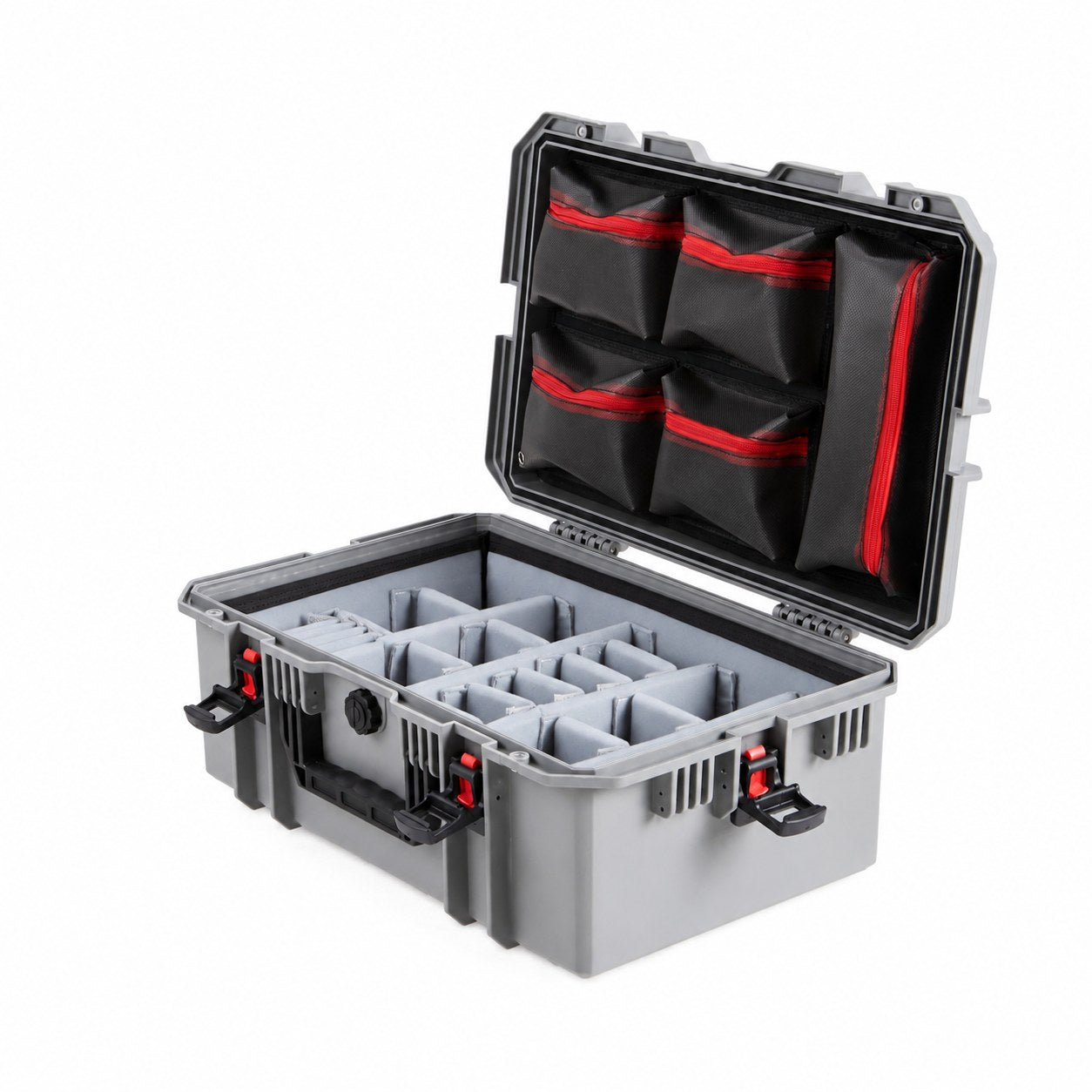 VICKYWOOD Transportbox FORT PLUS in Grau, geöffnet mit Deckel-Organizer und Foto-Inlay, Blick von schräg links