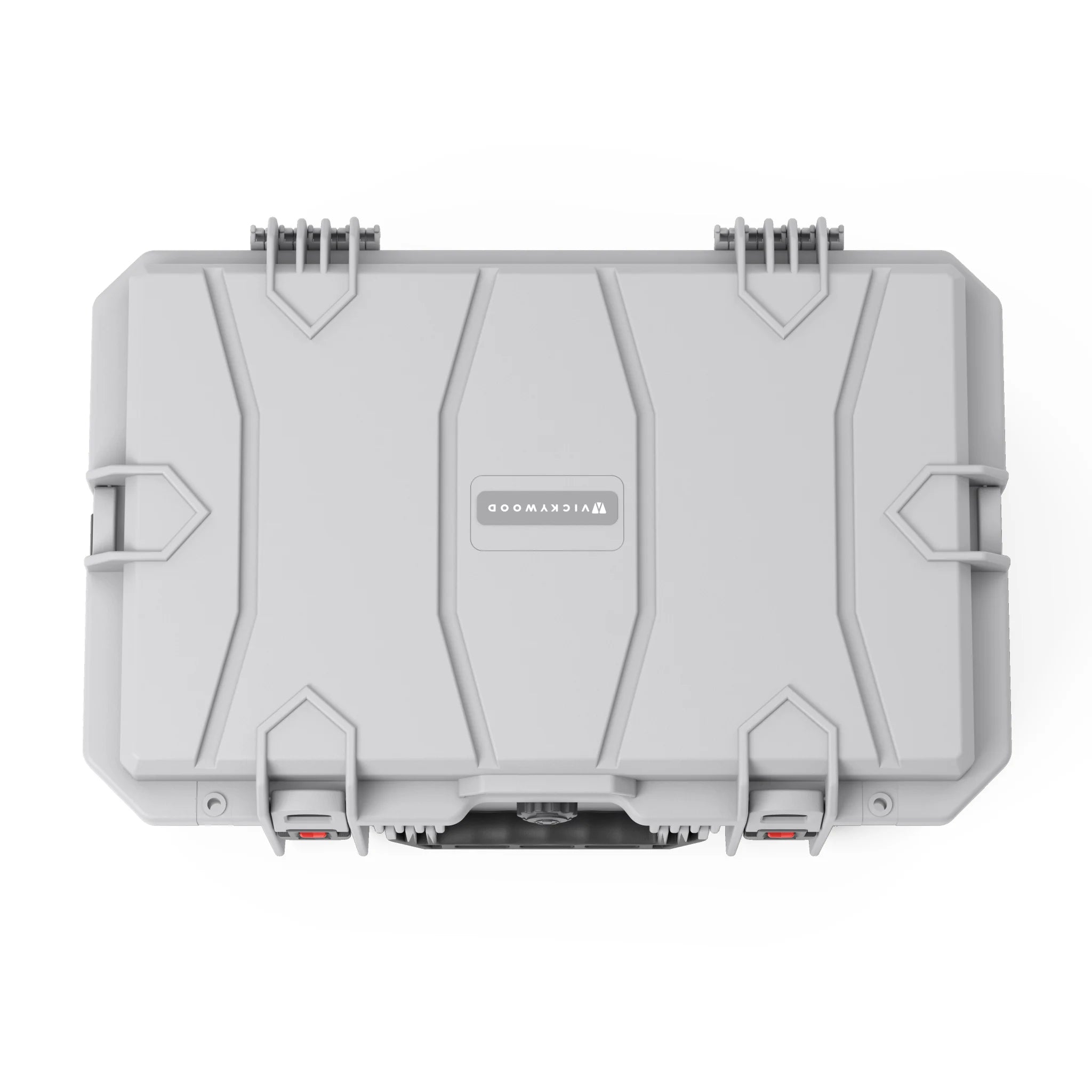 VICKYWOOD Transportbox FORT PLUS in Grau, Draufsicht auf den Deckel mit VICKYWOOD Logoplakette und Scharnieren
