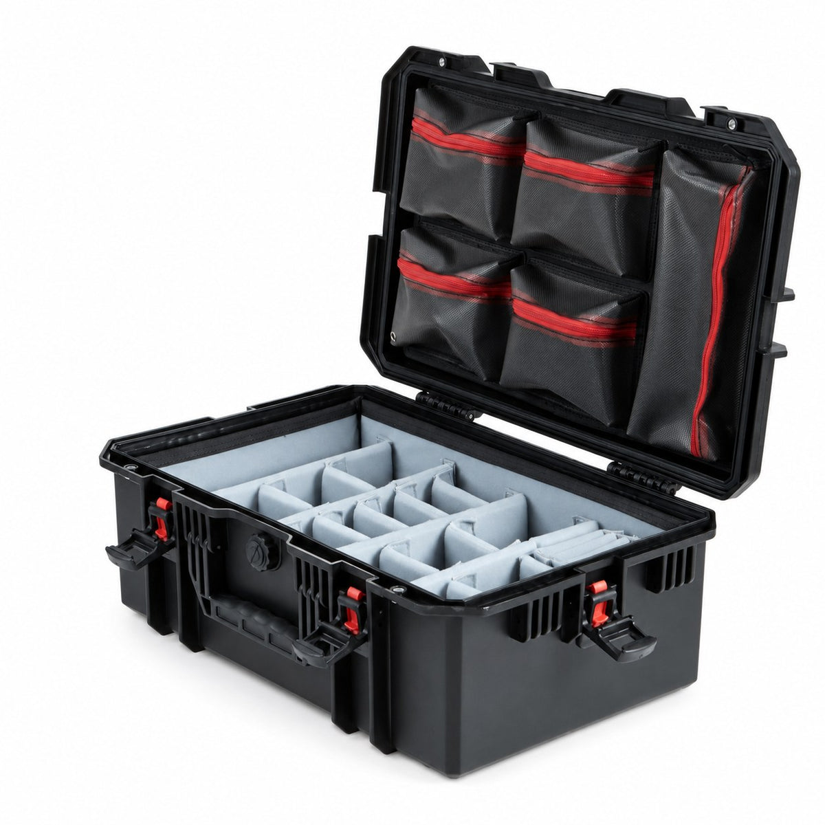 VICKYWOOD Transportbox FORT PLUS in Schwarz, geöffnet mit Deckel-Organizer und variablem Foto-Inlay, Blick von schräg rechts