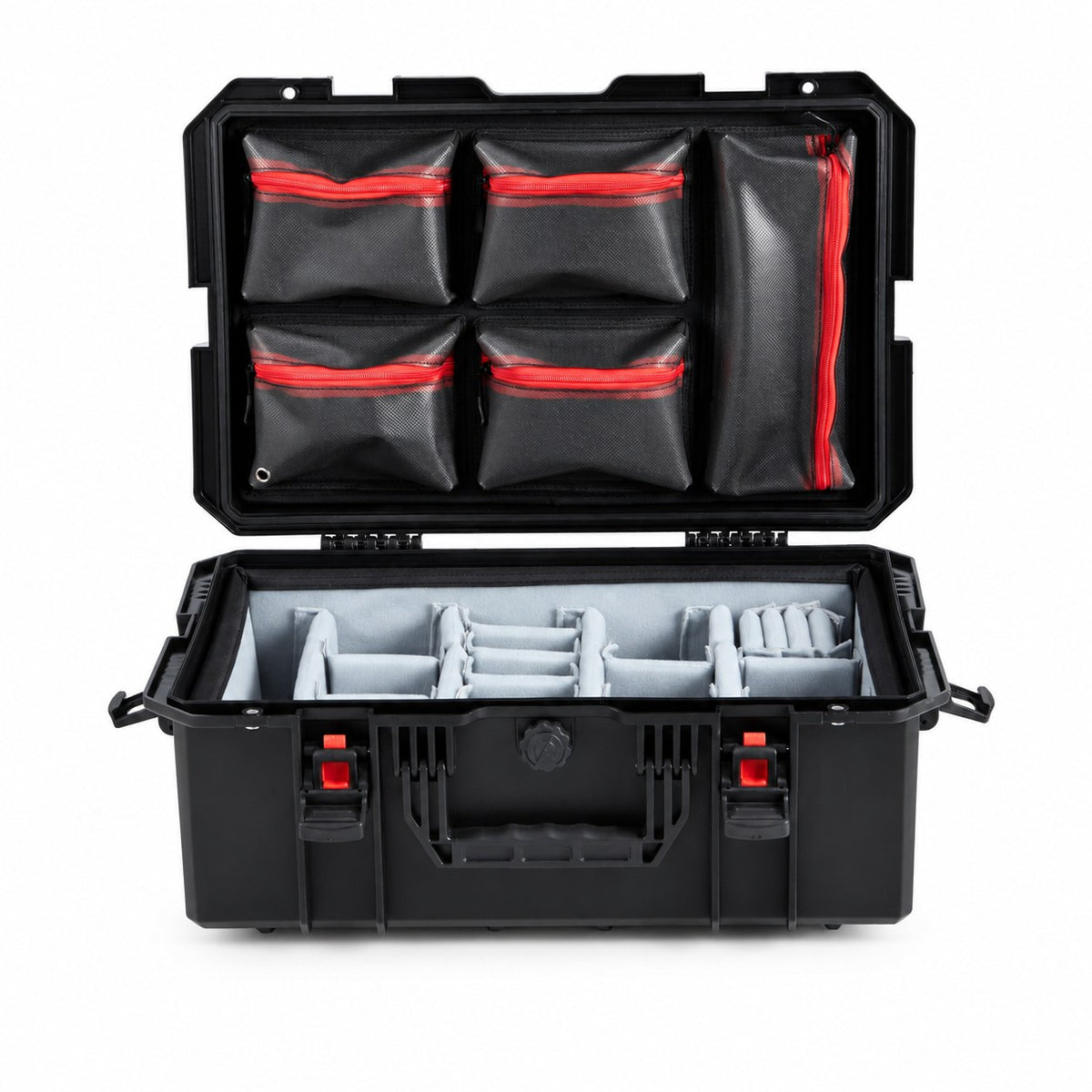 VICKYWOOD Transportbox FORT PLUS in Schwarz, geöffnet, Deckel-Organizer mit Reißverschlusstaschen und Foto-Inlay mit Trennstegen