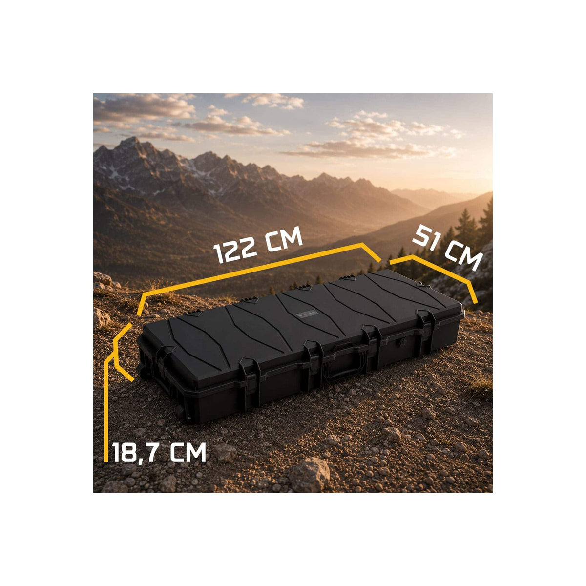 Transportbox PROTECT im Gelände mit eingezeichneten Außenmaßen 122 x 51 x 18,7 cm