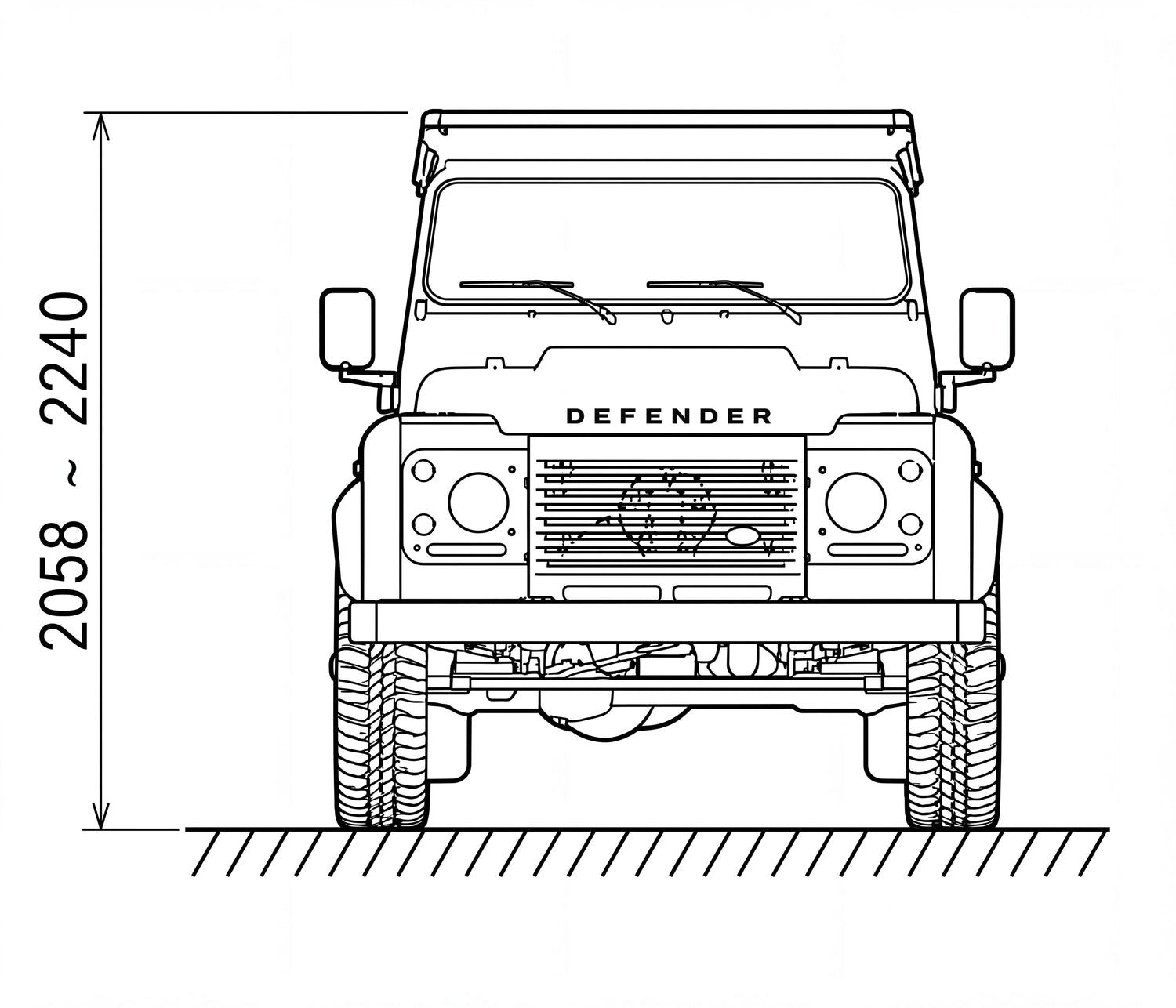 Technische Zeichnung: Gesamthöhe eines Land Rover Defender 110 (Baujahr 1990-2016) inklusive Airholder Dachträger (Maße 2058 bis 2240 mm).