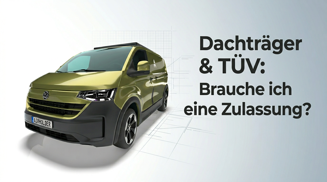 Werbegrafik im Blueprint-Stil: olivgrüner VW-Van mit schwarzem Airholder-Dachträger; Text „Dachträger & TÜV: Brauche ich eine Zulassung?“
