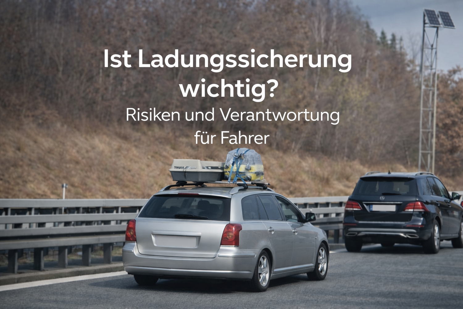 Silberner Kombi auf der Autobahn mit Dachbox und zusätzlicher, sichtbar befestigter Ladung auf den Querträgern; im Bild steht die Frage „Ist Ladungssicherung wichtig?“ mit dem Untertitel „Risiken und Verantwortung für Fahrer“.