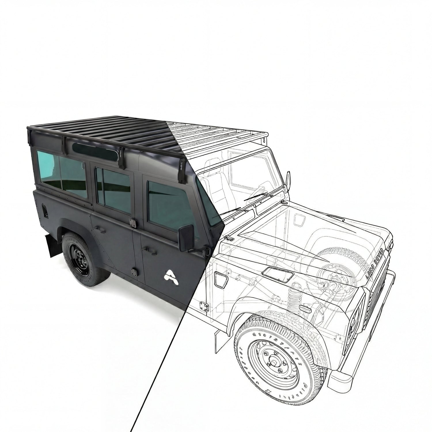 Kombiniertes Bild: Land Rover Defender 110 mit montiertem Airholder-Dachträger auf dem Dach und technischer CAD-Zeichnung/3D-Modell des Fahrzeugs.
