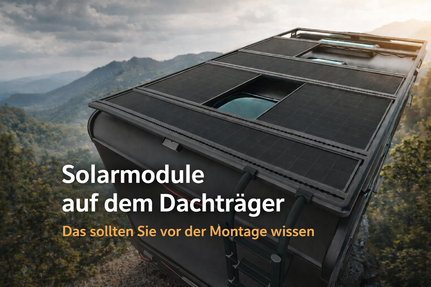 3D-Visualisierung eines Fahrzeugs mit Dachträger und integrierten Solarmodulen auf dem Dach. ÜV-Verband Merkblatt zur Bewertung von Photovoltaik-Systemen auf Fahrzeugen