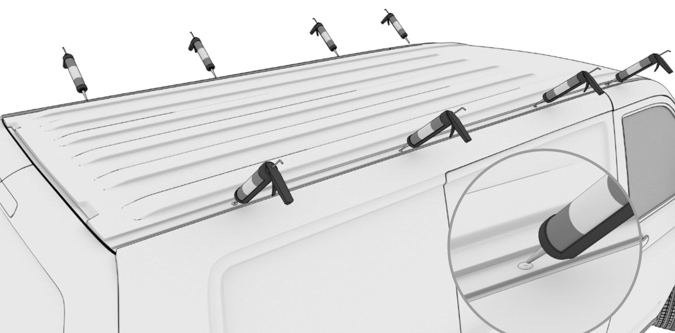 Montage des Airholder-Dachträgers auf dem VW T6/T6.1: Schema der Befestigung – Schraube wird in den werksseitigen Gewindepunkt im Dach eingeschraubt, Abdichtung der Gewindebohrung hervorgehoben.