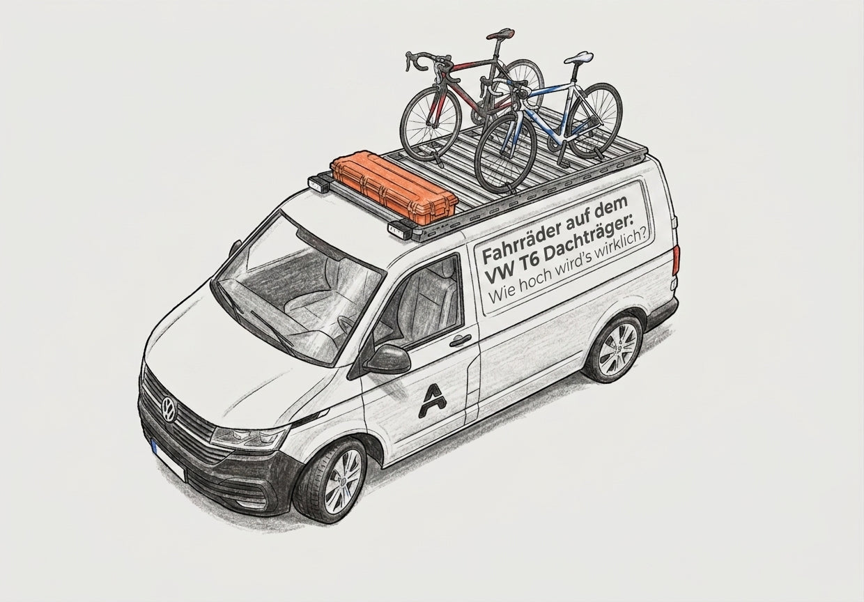 Illustration eines VW T6 mit Dachträger, Fahrrädern und Transportbox zur Berechnung der Gesamthöhe.