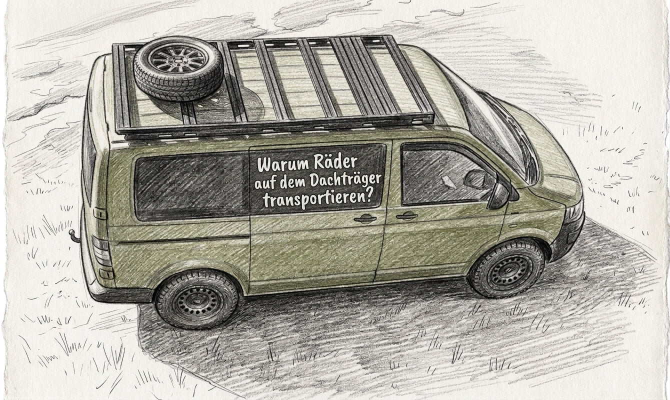 Skizzenhafte Illustration eines grünen VW T5 mit Dachträger, auf dem ein Rad befestigt ist, in einer Offroad-Umgebung.