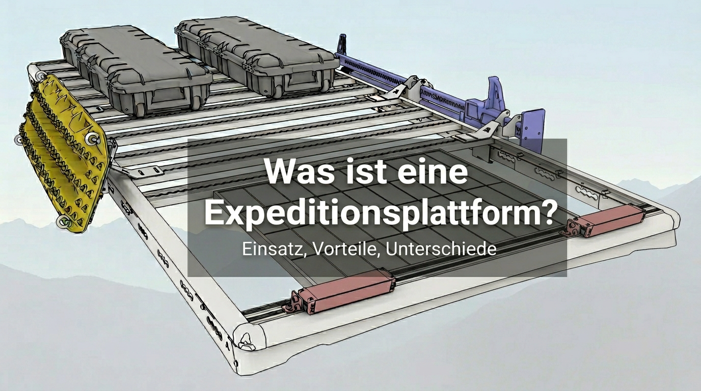 Airholder Expeditionsplattform (modularer Alu-Dachträger) mit zwei Transportkoffern und Traction-Board; Blogcover mit Text „Was ist eine Expeditionsplattform? Einsatz, Vorteile, Unterschiede“.