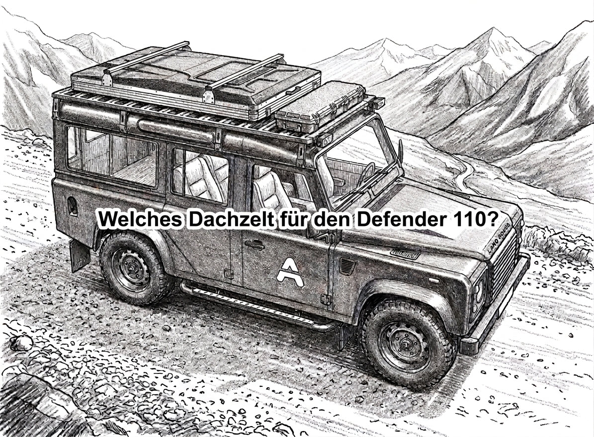 chwarz-weiß-Skizze eines Land Rover Defender 110 mit Dachzelt in den Bergen. Mittig steht der Text: „Welches Dachzelt für den Defender 110?“.