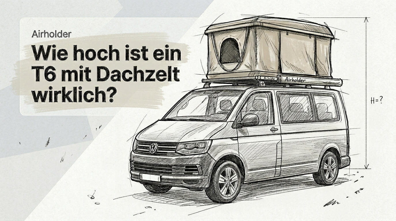 Handgezeichnete Skizzen-Illustration eines VW T6 mit Airholder-Dachträger und geöffnetem Dachzelt; Höhenpfeil „H = ?“ und Text „Wie hoch ist ein T6 mit Dachzelt wirklich?“