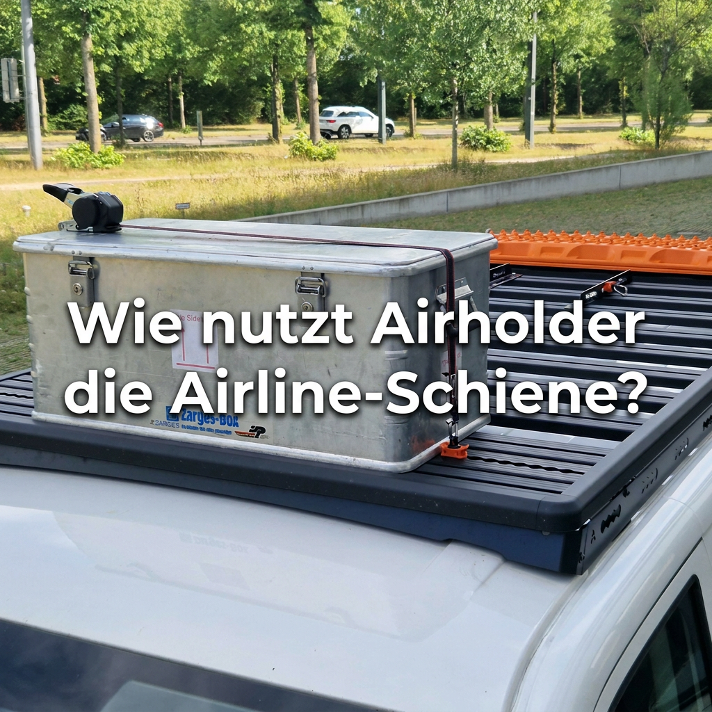 Airholder Expeditionsplattform auf dem Fahrzeugdach: Alu-Transportbox mit Zurrgurten gesichert; Textoverlay „Wie nutzt Airholder die Airline-Schiene?“.