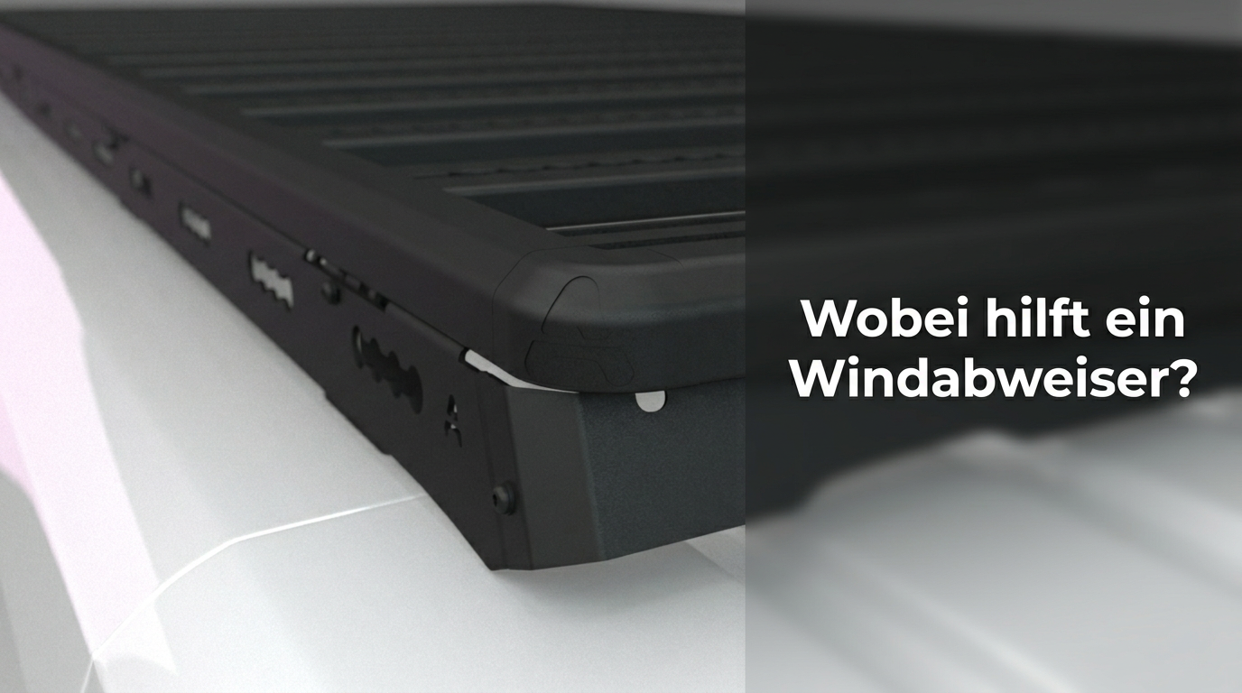 Blogcover mit Nahaufnahme einer Airholder-Dachplattform auf dem weißen VW T6; rechts auf dunklem Overlay steht der Text „Wobei hilft ein Windabweiser?“.