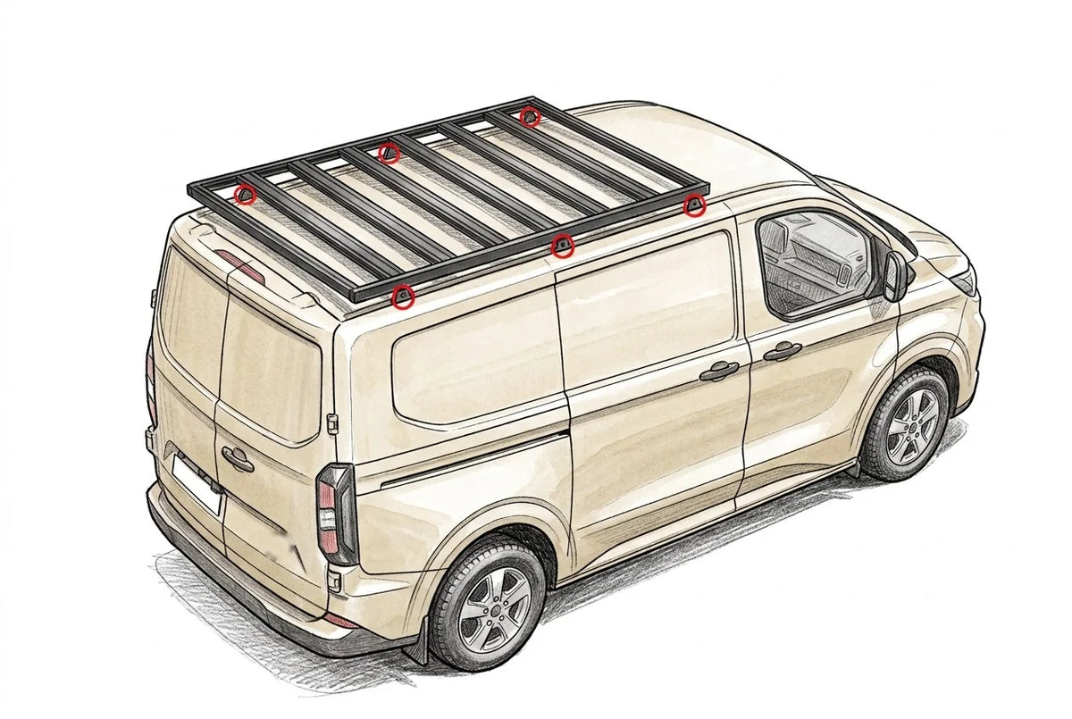 Ford Transit Custom L1 H1 mit flachem Airholder Dachträger und den sechs Befestigungspunkten am Dach