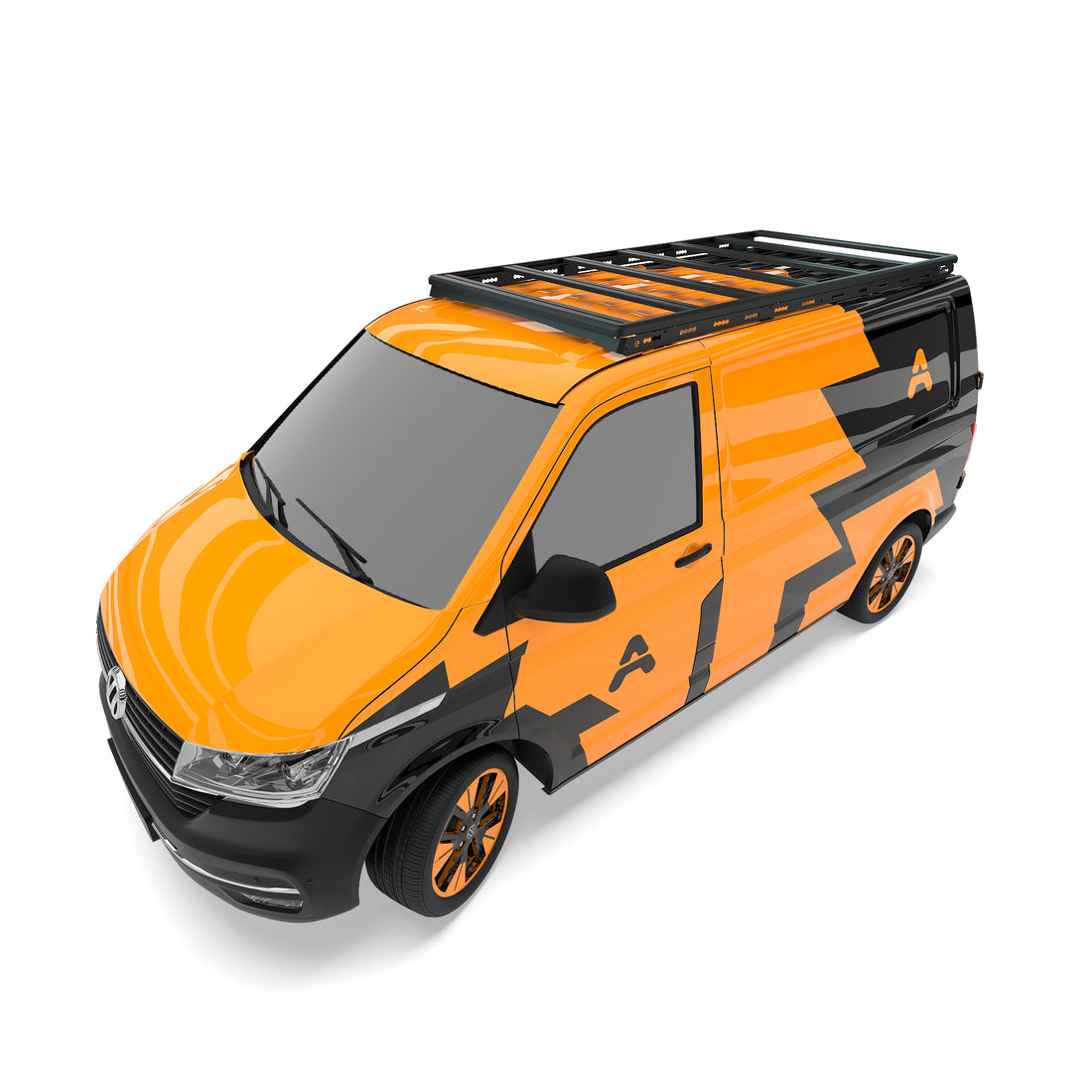 Oranger VW Transporter mit montiertem Airholder‑Dachträger, schräg von vorne links.