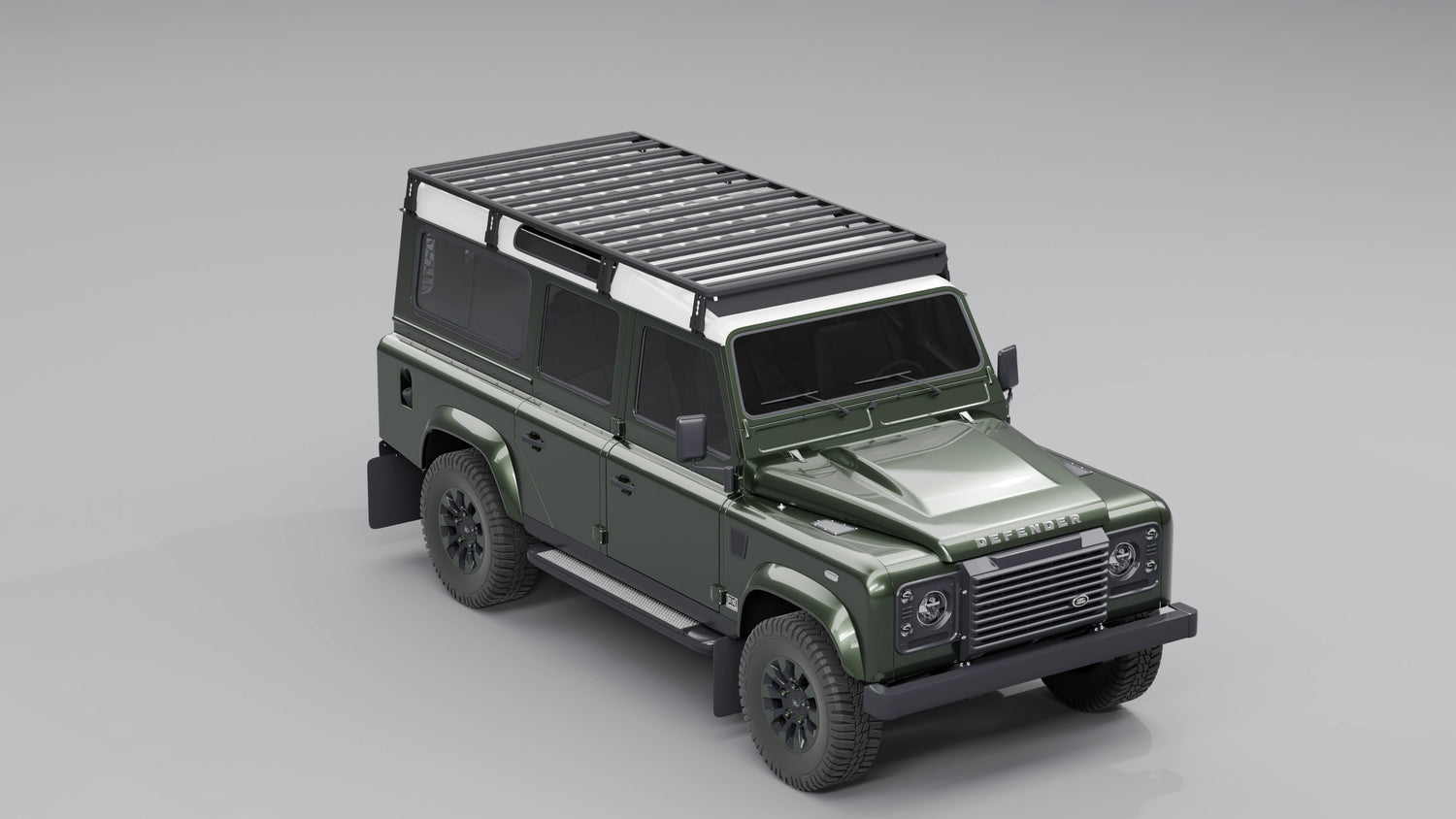 3D-Ansicht eines dunkelgrünen Land Rover Defender 110 mit weißem Dach und einem flachen, schwarzen modularen Expeditions-Dachträger.
