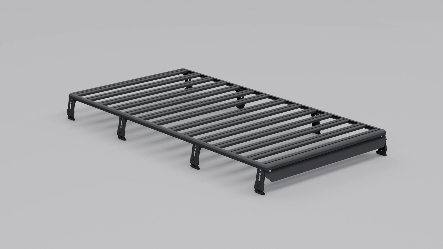 Modularer Dachträger aus Aluminium für Land Rover Defender 110 – Schwarz pulverbeschichtet, flaches Plattform-Design.