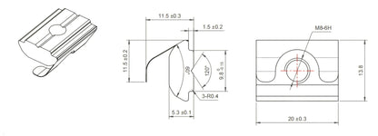 Technische Zeichnung eines T-Nutensteins mit Federblech (T-Slot Nut), M8-6H Gewinde, mit 3D-Ansicht sowie Seiten- und Frontansicht inkl. Bemaßung (20 ±0,3 × 13,8 mm).