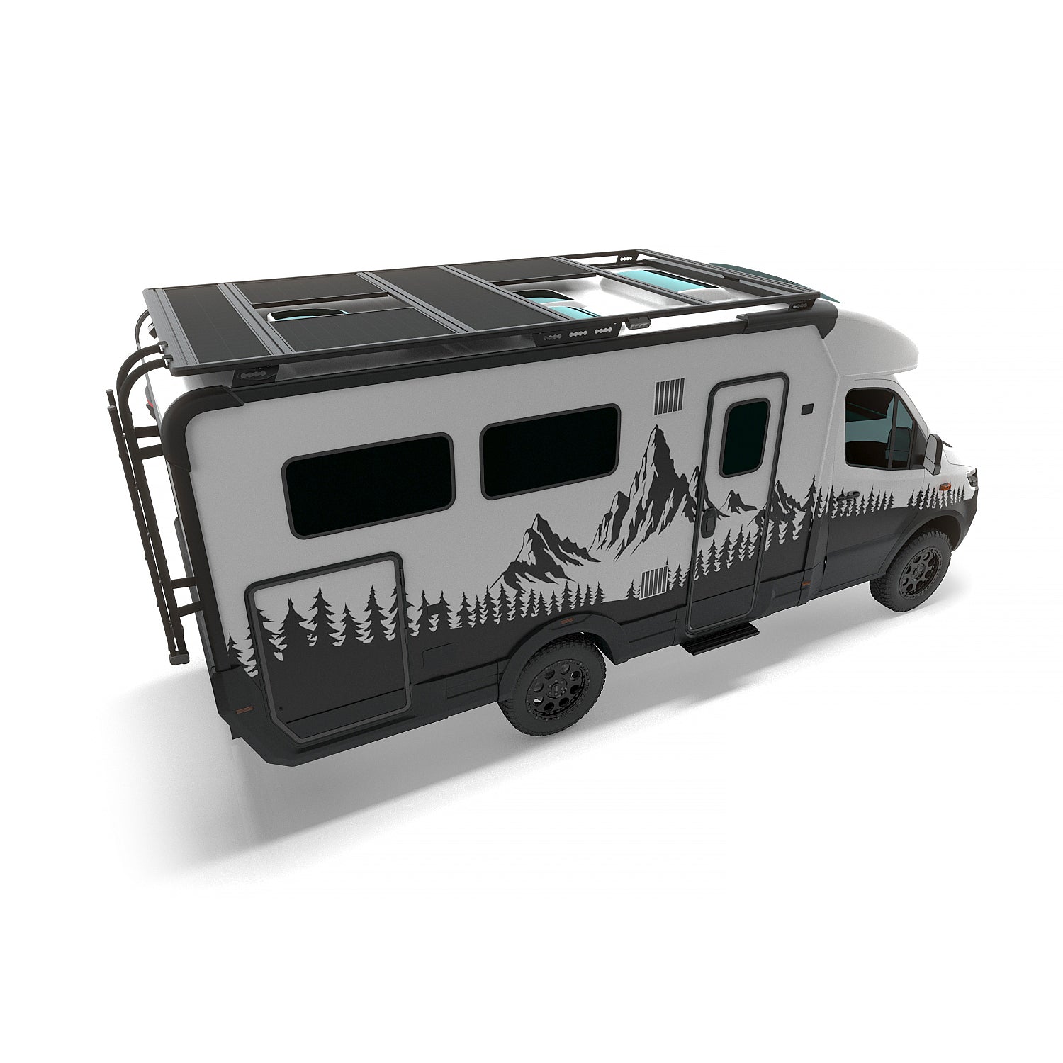 Geländetauglicher Camper auf Basis Mercedes-Benz Sprinter mit Airholder Dachträger/Dachplattform, montierten Solarmodulen und Heckleiter – ideal für autarkes Vanlife und Overlanding.