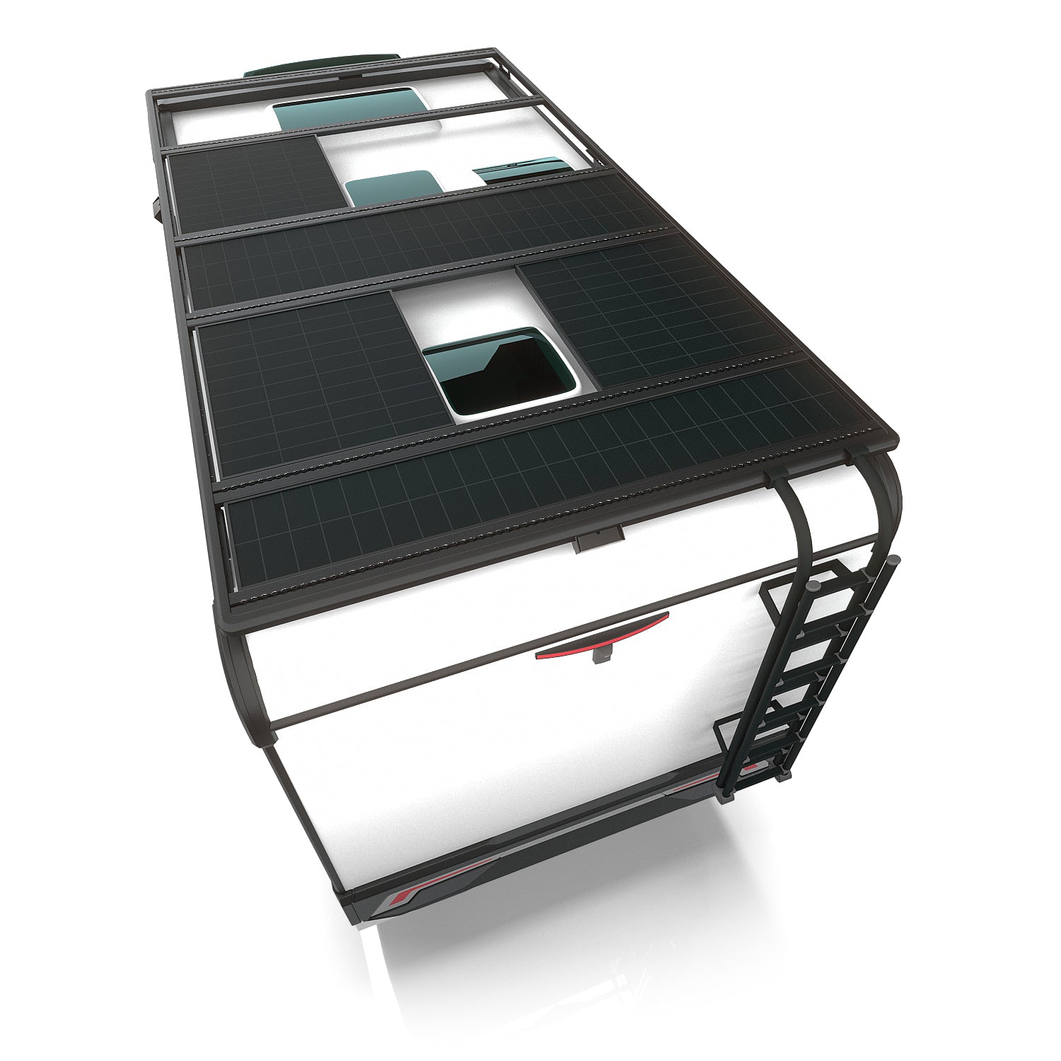Airholder Dachplattform mit Solarpanels auf Campervan-Dach – Heckleiter, Top-Down-Ansicht.