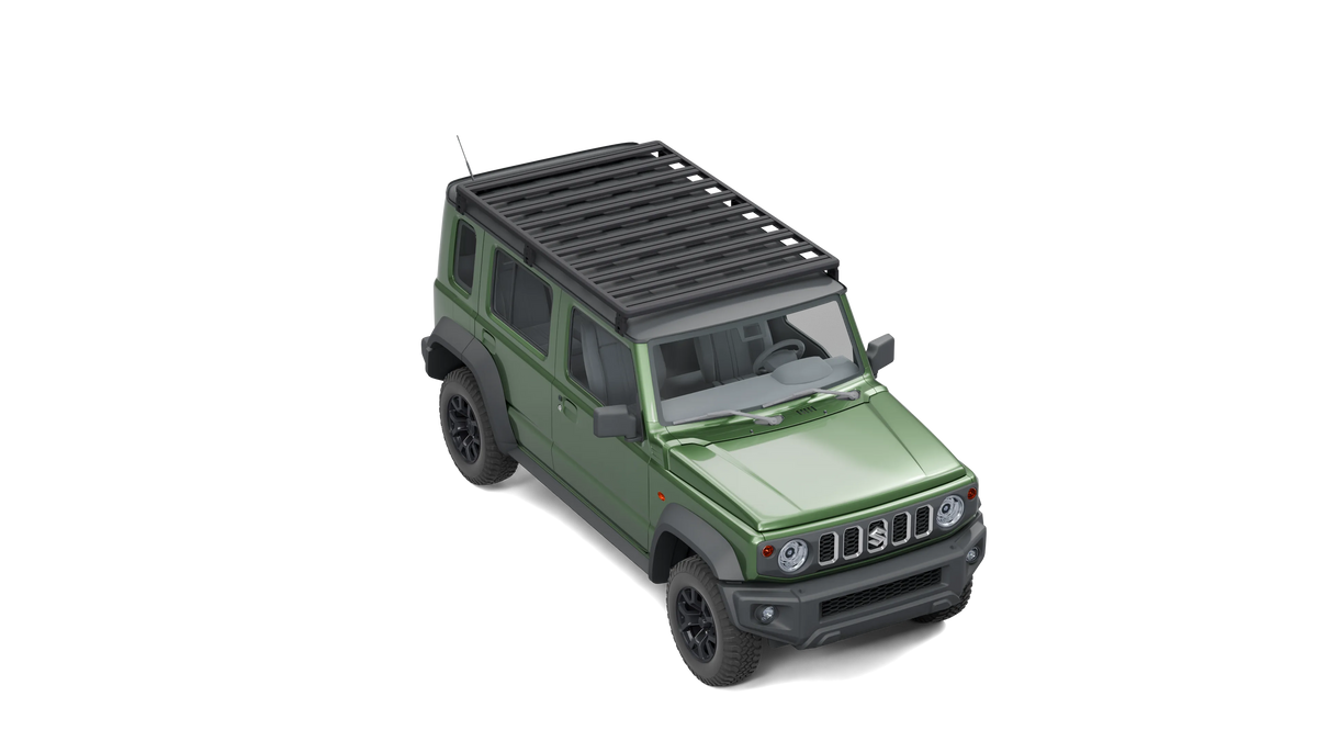 Airholder Dachträger auf Suzuki Jimny 5-Türer, 10 Querprofile, schräg von vorne, Fahrerseite