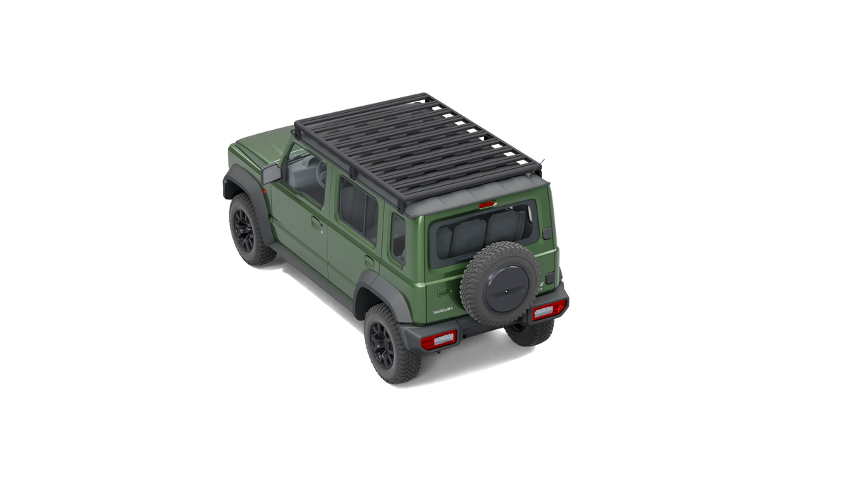 Airholder Dachträger auf Suzuki Jimny 5-Türer, 10 Querprofile, schräg von hinten, Beifahrerseite