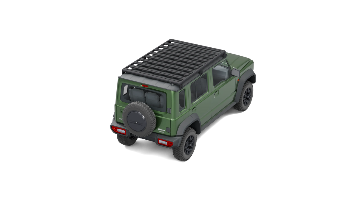 Airholder Dachträger auf Suzuki Jimny 5-Türer, 10 Querprofile, schräg von hinten, Fahrerseite