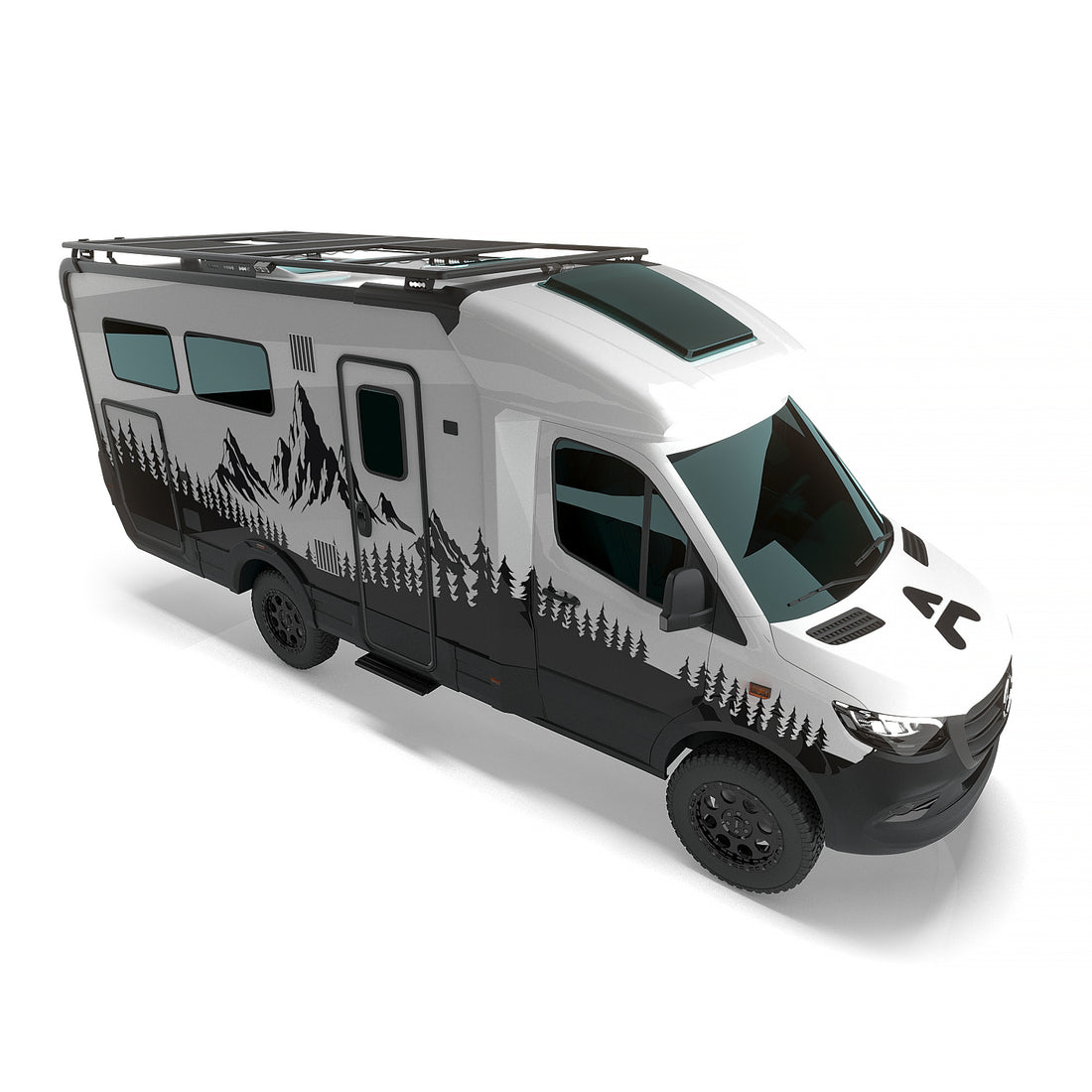 Geländegängiger Camper auf Basis Mercedes-Benz Sprinter (4x4-Look) mit Airholder Dachplattform – große Nutzfläche für Boxen, Solarpanel und Overlanding-Zubehör.