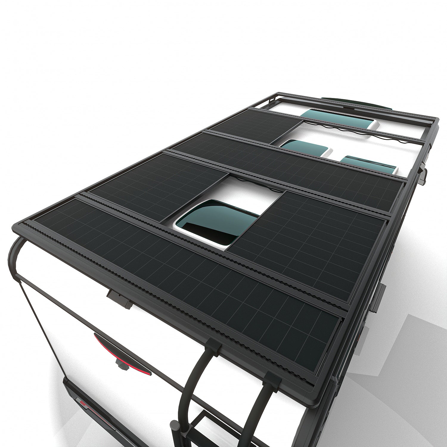 Airholder Dachträger/Dachplattform mit großflächig montierten Solarmodulen auf einem Camper – maximale Solarfläche trotz Dachfenstern, ideal für autarkes Vanlife.