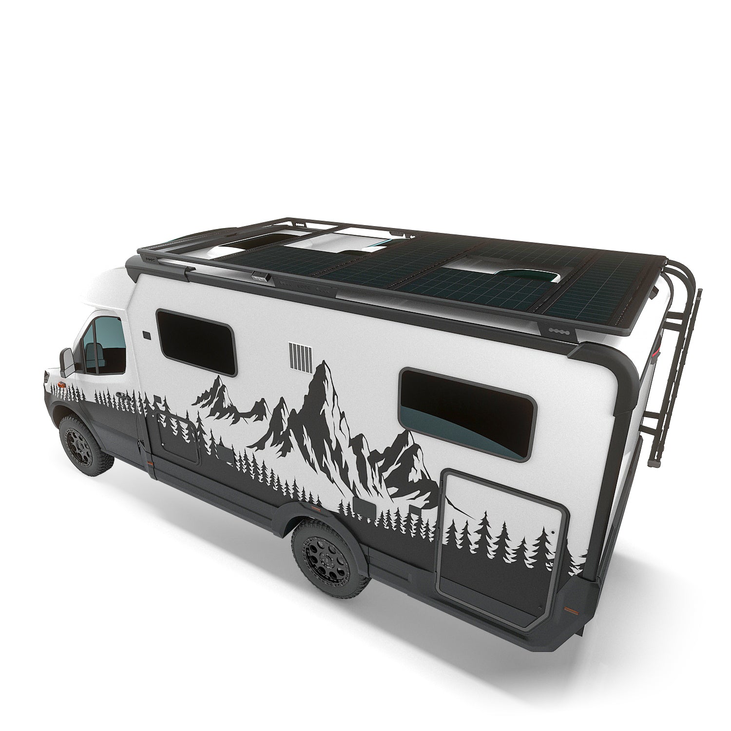 Geländetauglicher Camper auf Basis Mercedes-Benz Sprinter mit Airholder Dachträger/Dachplattform, großflächigen Solarmodulen und Heckleiter – ideal für autarkes Vanlife und Overlanding.