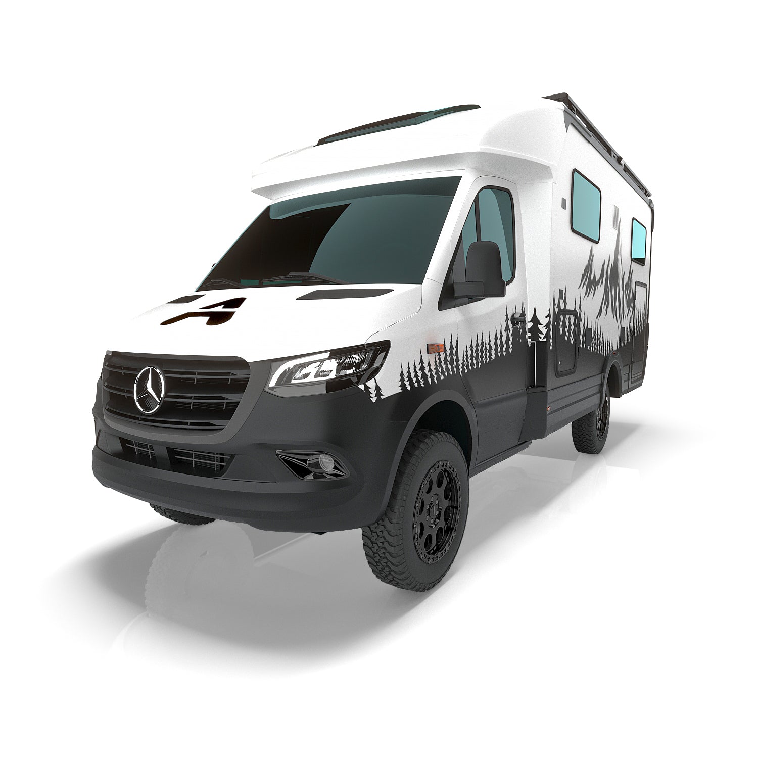 Mercedes-Benz Sprinter Camper (Offroad-Setup) in Studioansicht mit Airholder Dachträger/Dachplattform – ideal für Overlanding, Dachzubehör und autarkes Vanlife. Frontansicht.