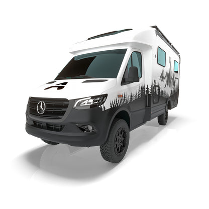 Mercedes-Benz Sprinter Camper (Offroad-Setup) in Studioansicht mit Airholder Dachträger/Dachplattform – ideal für Overlanding, Dachzubehör und autarkes Vanlife. Frontansicht.