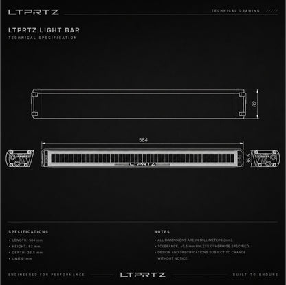 Maßzeichnung LTPRTZ Flat-X 23 Zoll Lightbar, 584 mm Länge