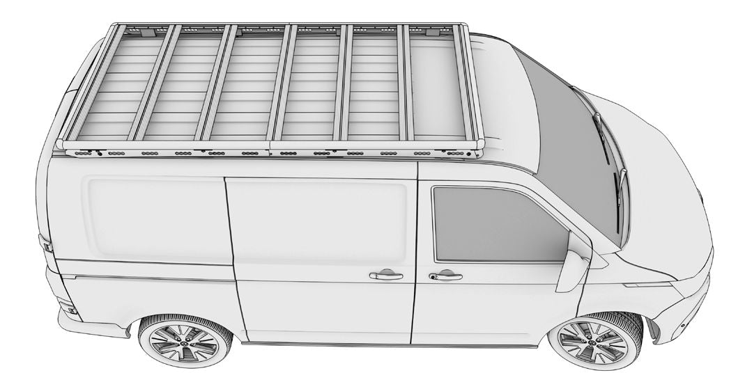 Illustration: VW‑Transporter mit hochgestellter Dachträger‑Plattform auf Stützen, Montageprozess dargestellt.