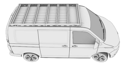 Illustration: VW‑Transporter mit hochgestellter Dachträger‑Plattform auf Stützen, Montageprozess dargestellt.