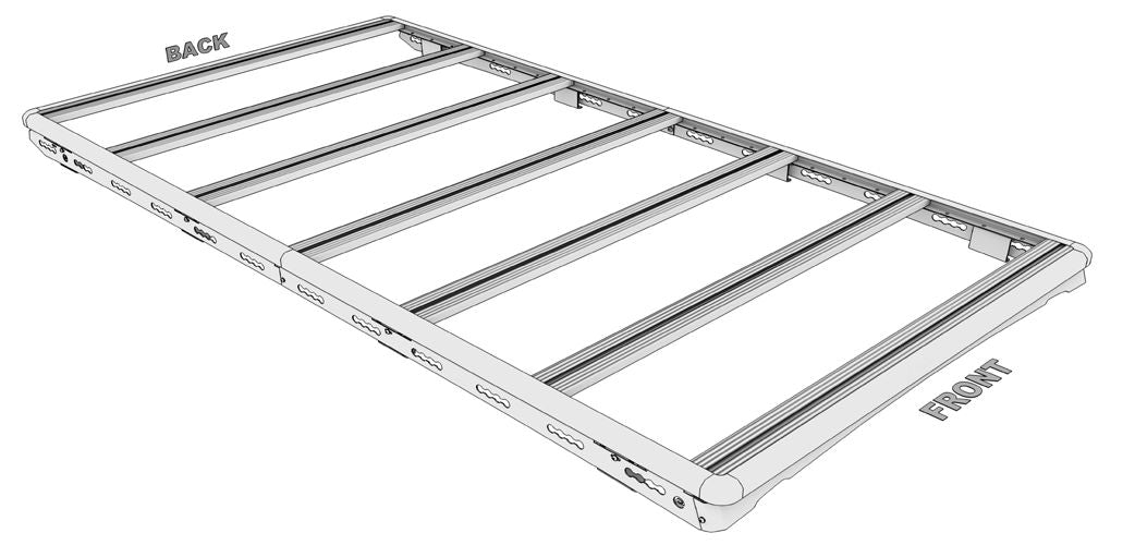 Isometrische Zeichnung der Airholder‑Plattform mit sechs Querträgern und Beschriftung „Front“/„Back“.
