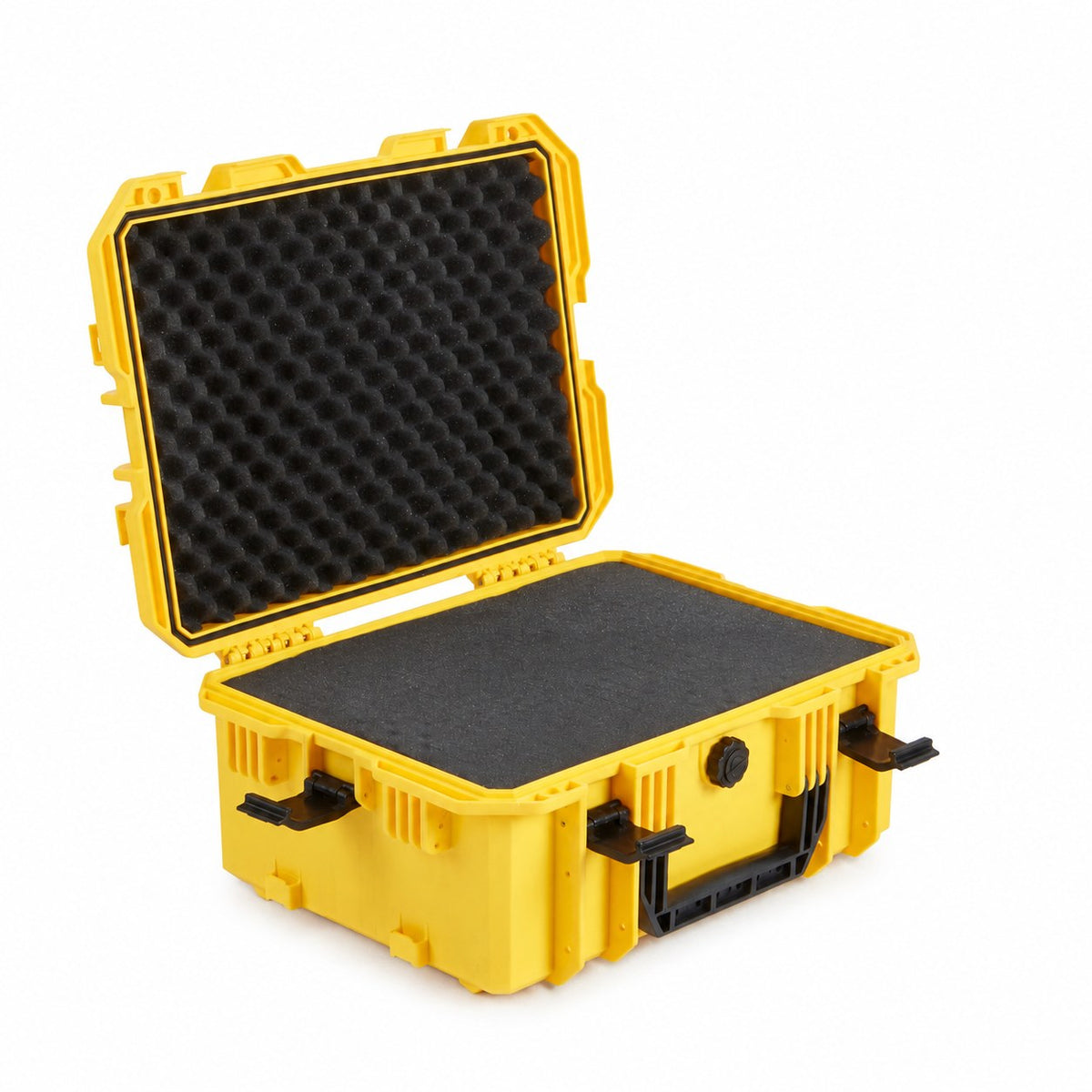 VICKYWOOD Transportbox FORT in Gelb, geöffnet mit aufgestelltem Deckel und Wave-Schaumstoff