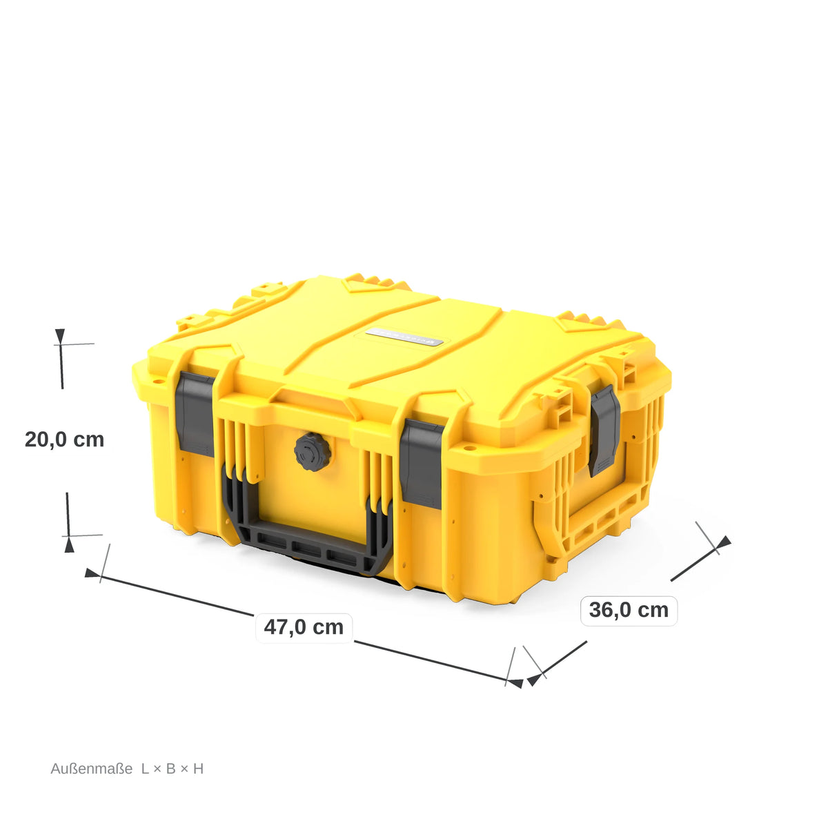 VICKYWOOD Transportbox FORT in Gelb, Außenmaße 47 x 36 x 20 cm, bemaßte Darstellung der geschlossenen Box