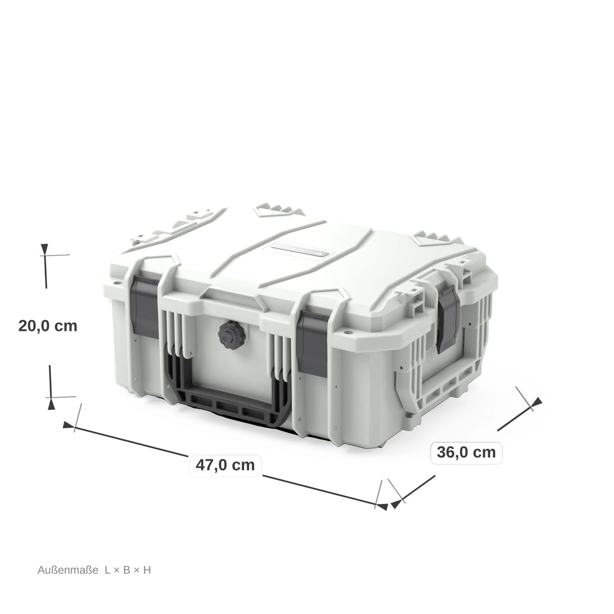 VICKYWOOD Transportbox FORT in Grau, Außenmaße 47 x 36 x 20 cm, bemaßte Darstellung der geschlossenen Box