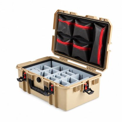 VICKYWOOD Transportbox FORT PLUS in Braun, geöffnet mit Deckel-Organizer und Foto-Inlay, Blick von schräg links